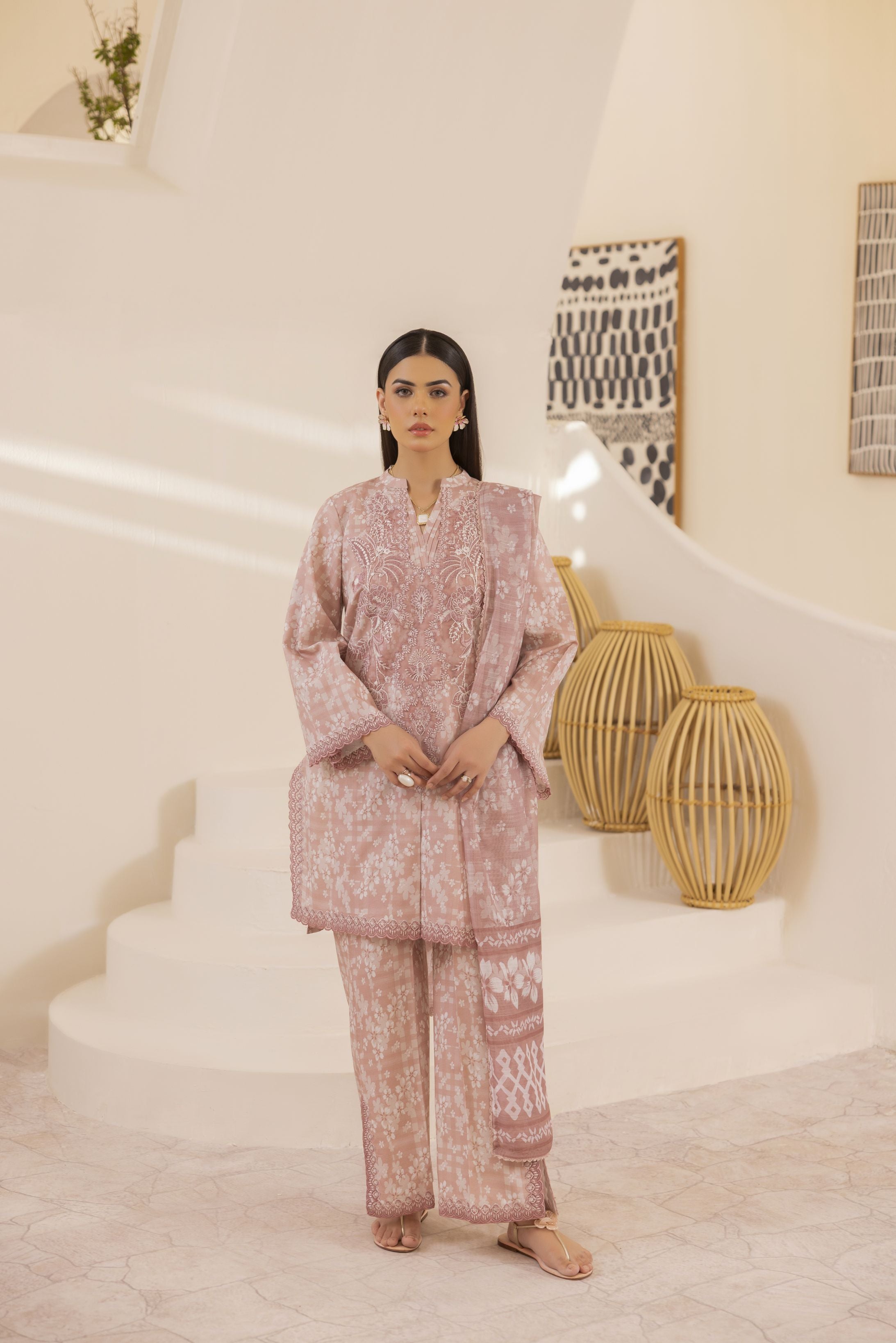 Mohagni Ready to Wear Embroidered Lawn 3pc Suit in Dusty Rose SLM7