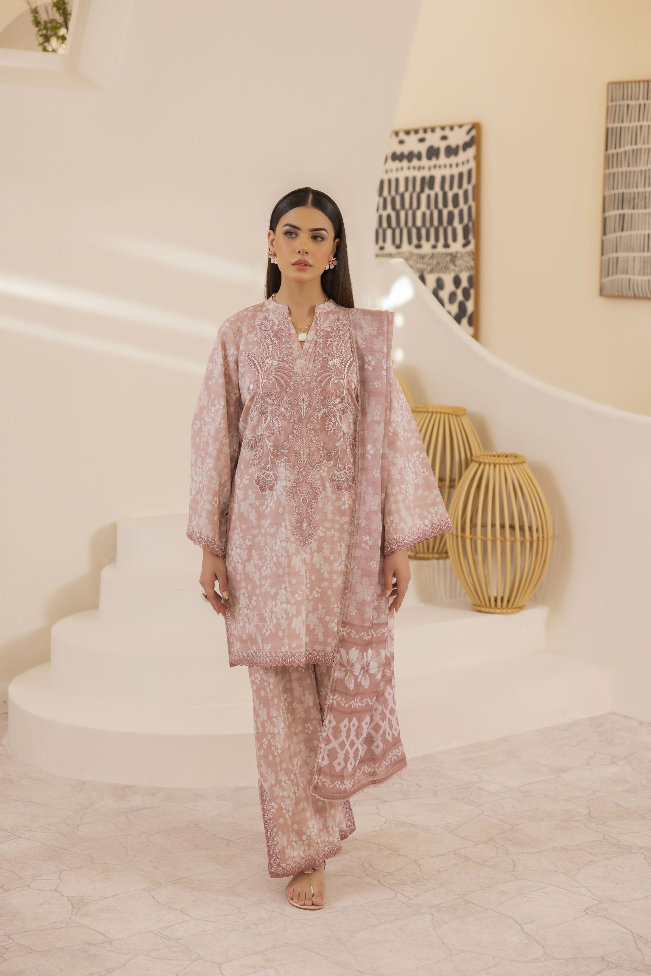 Mohagni Ready to Wear Embroidered Lawn 3pc Suit in Dusty Rose SLM7