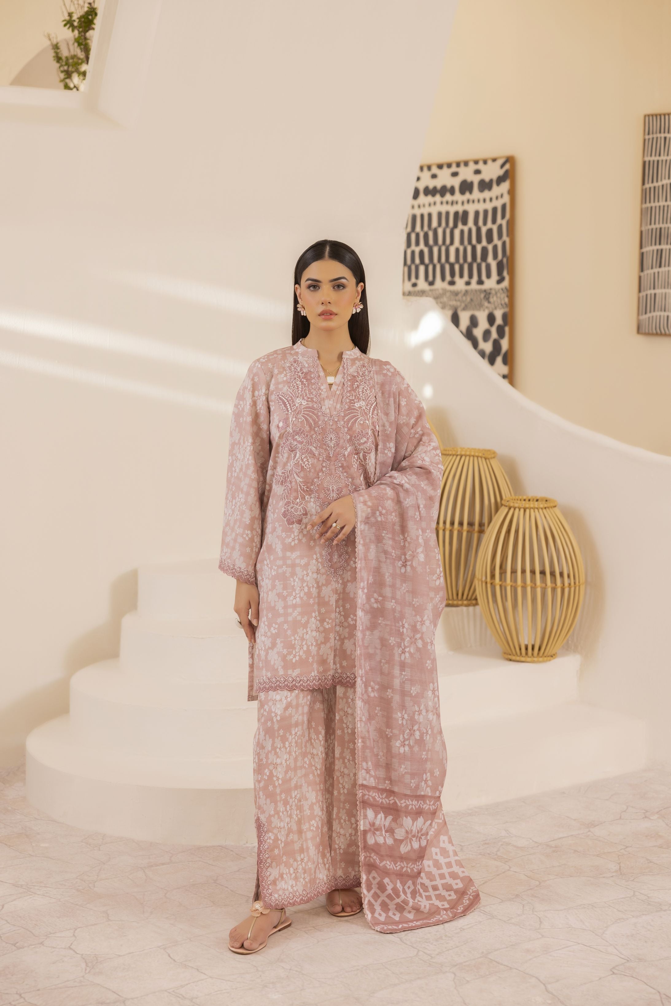 Mohagni Ready to Wear Embroidered Lawn 3pc Suit in Dusty Rose SLM7