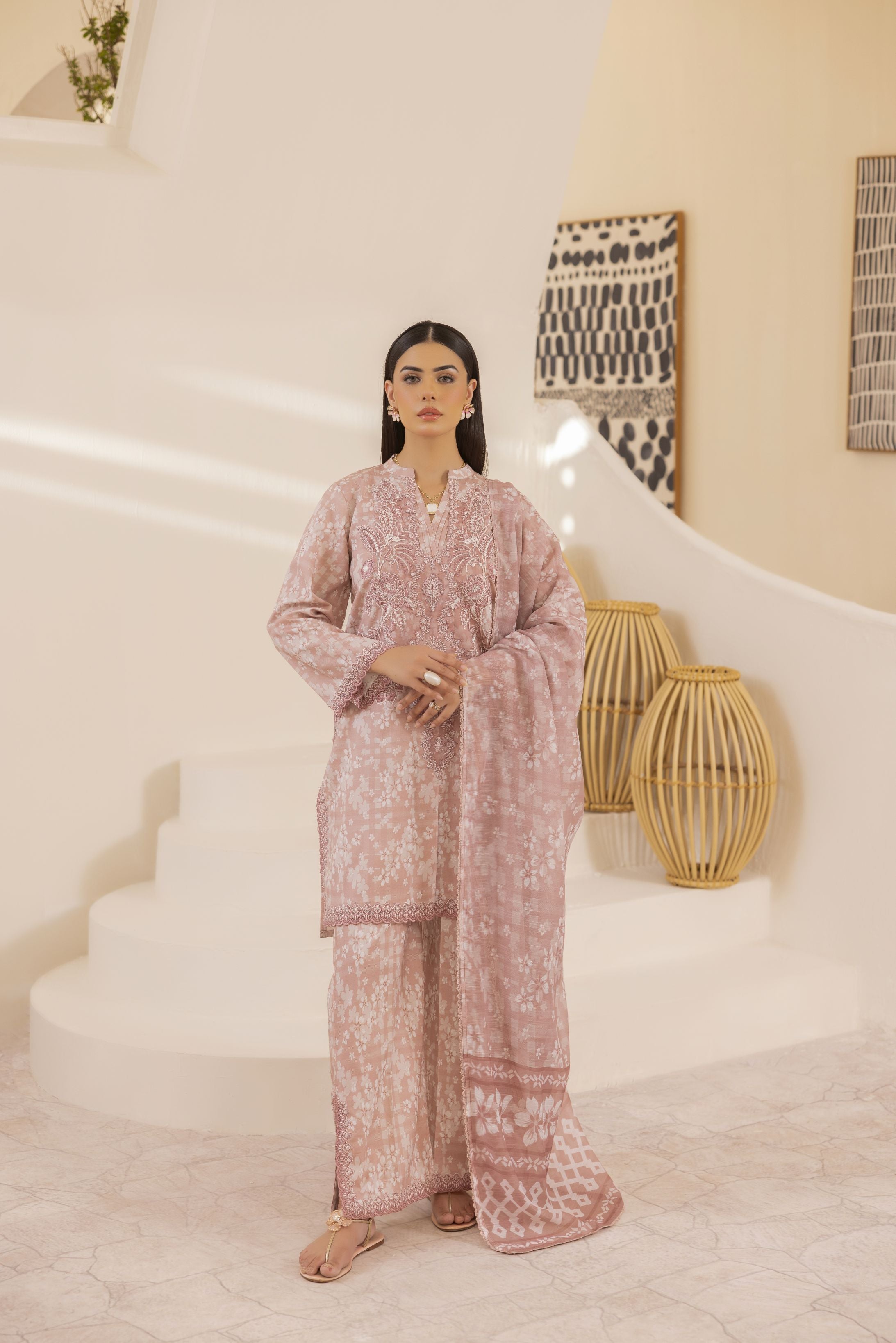 Mohagni Ready to Wear Embroidered Lawn 3pc Suit in Dusty Rose SLM7