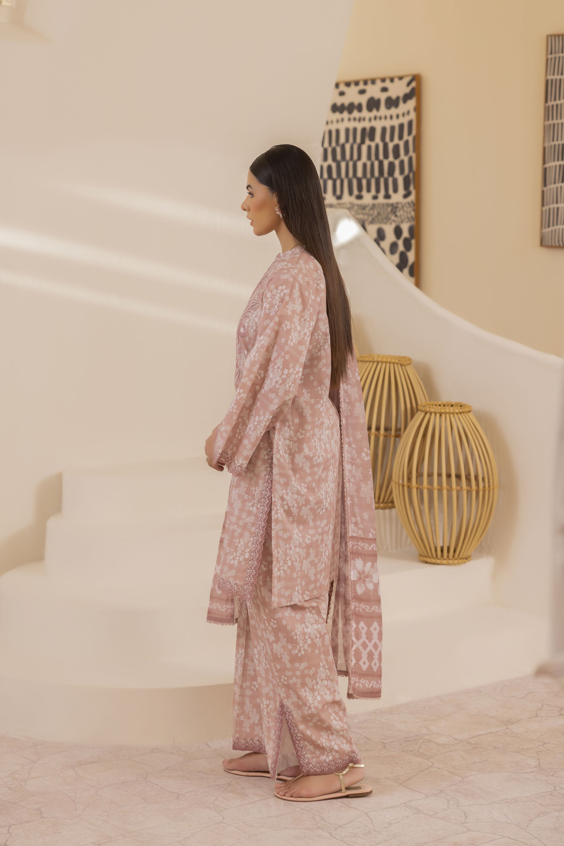 Mohagni Ready to Wear Embroidered Lawn 3pc Suit in Dusty Rose SLM7