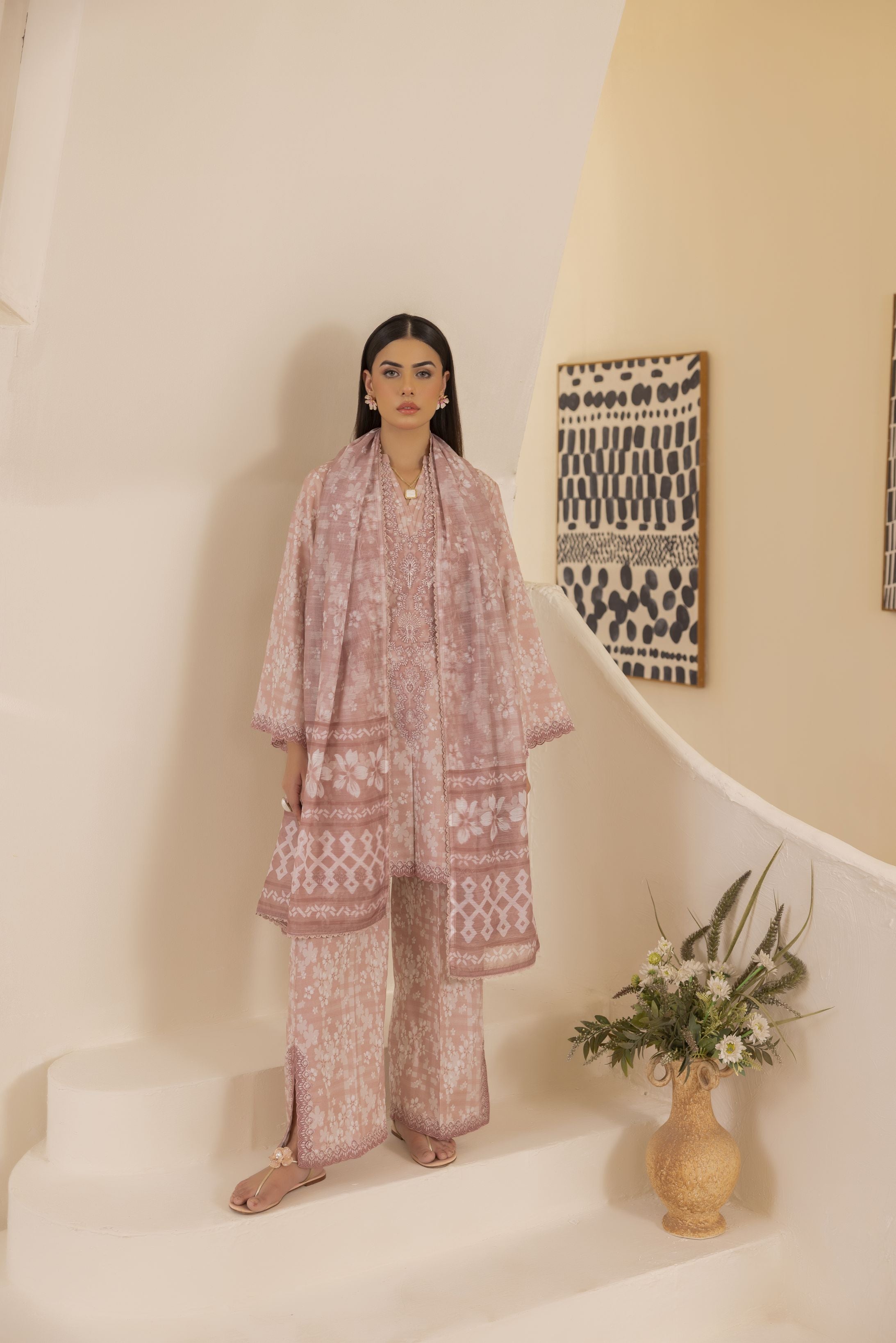 Mohagni Ready to Wear Embroidered Lawn 3pc Suit in Dusty Rose SLM7