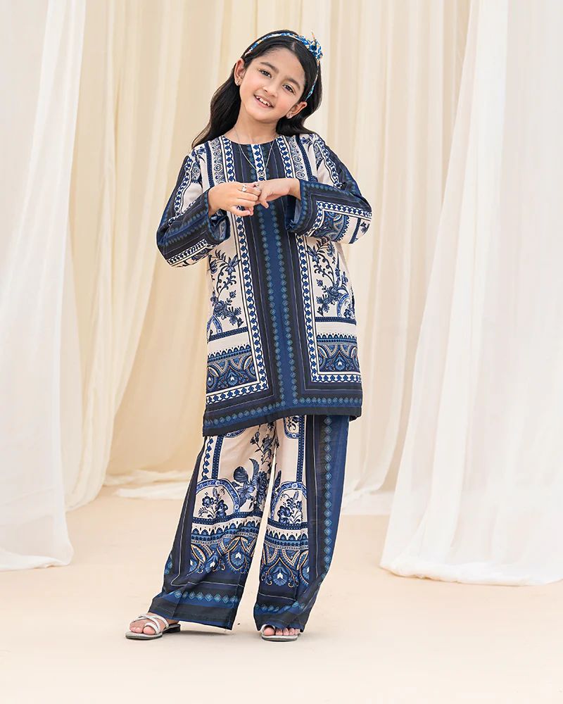 Mona Pretty Prints Girls 2pc Poly Raw Silk Co-ord Set Cream & Navy Printed KMES10