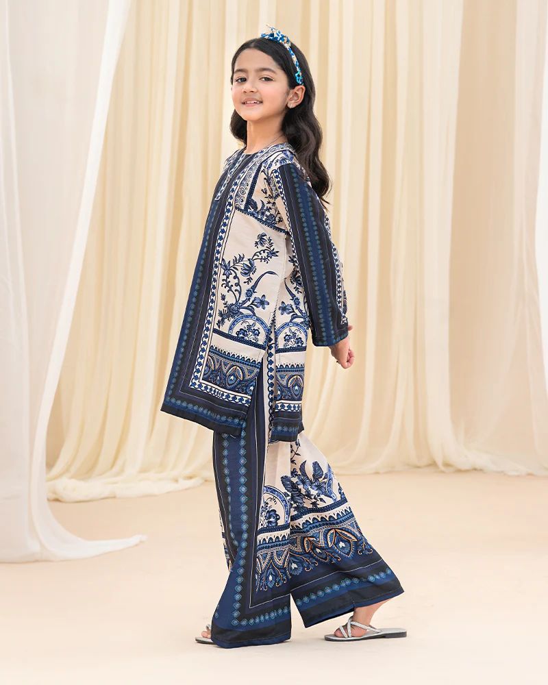 Mona Pretty Prints Girls 2pc Poly Raw Silk Co-ord Set Cream & Navy Printed KMES10