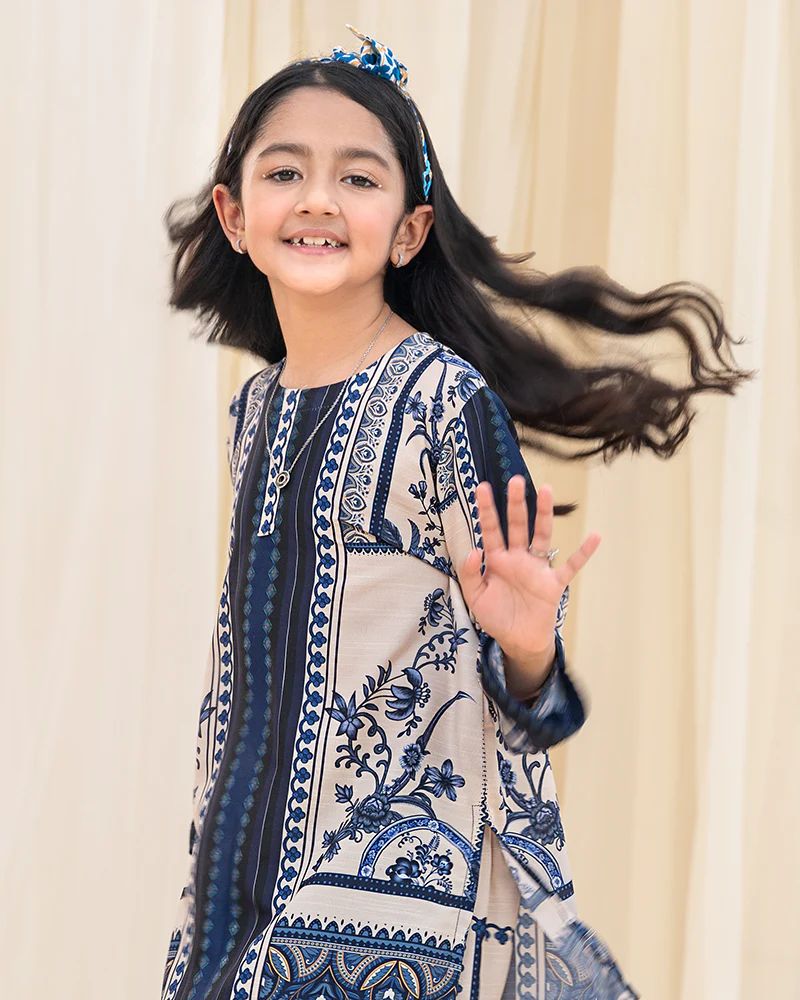 Mona Pretty Prints Girls 2pc Poly Raw Silk Co-ord Set Cream & Navy Printed KMES10