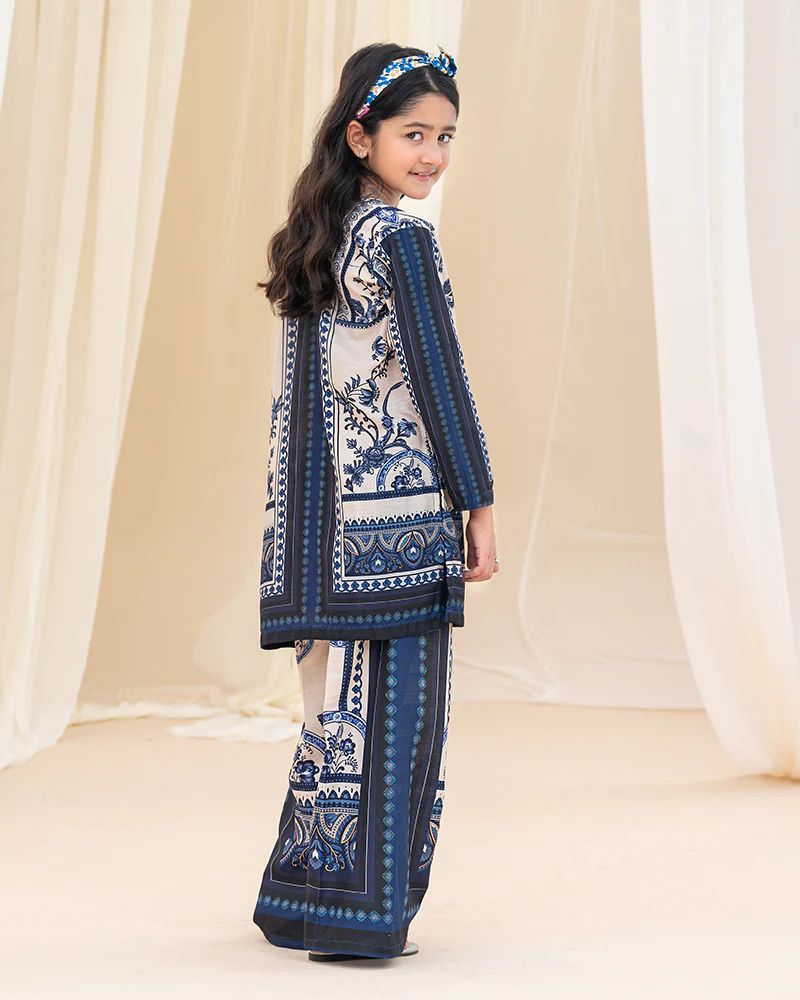 Mona Pretty Prints Girls 2pc Poly Raw Silk Co-ord Set Cream & Navy Printed KMES10