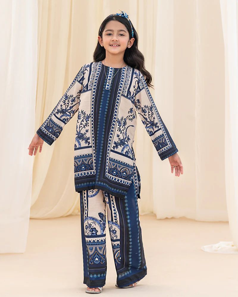 Mona Pretty Prints Girls 2pc Poly Raw Silk Co-ord Set Cream & Navy Printed KMES10