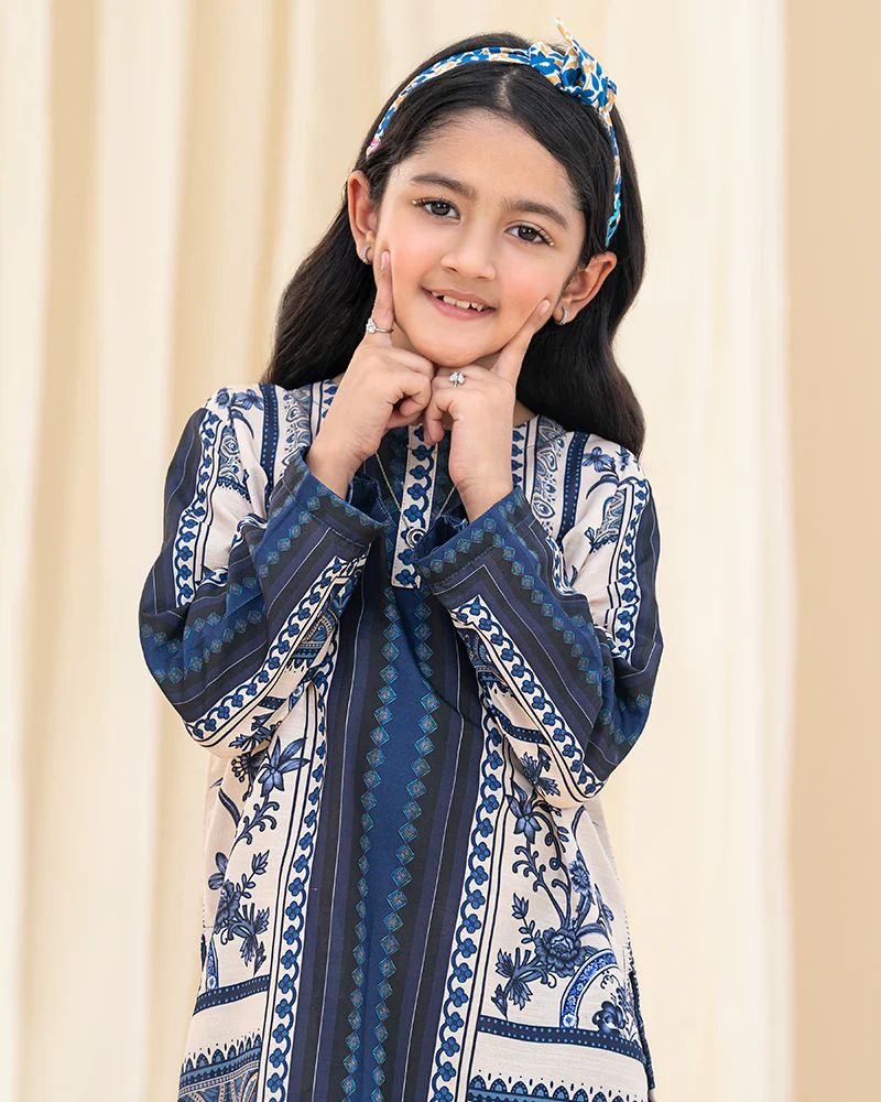 Mona Pretty Prints Girls 2pc Poly Raw Silk Co-ord Set Cream & Navy Printed KMES10