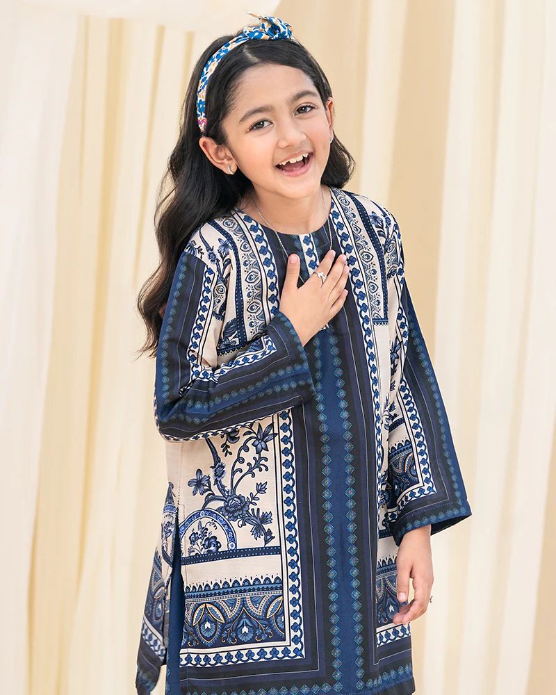 Mona Pretty Prints Girls 2pc Poly Raw Silk Co-ord Set Cream & Navy Printed KMES10