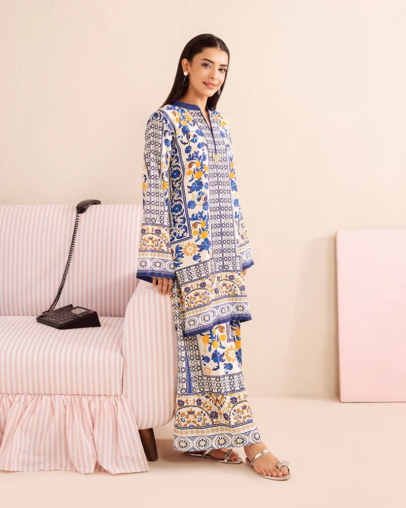 Everyday Luxe by Mona – Blue & Yellow Silk Lawn 2pc Co-Ord Set | MES2