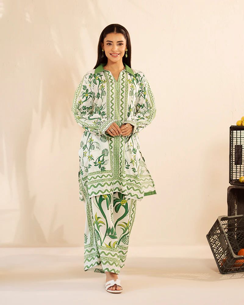 Everyday Luxe by Mona – Green Tropical Silk Lawn 2pc Co-Ord Set | MES4