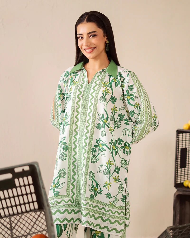 Everyday Luxe by Mona – Green Tropical Silk Lawn 2pc Co-Ord Set | MES4