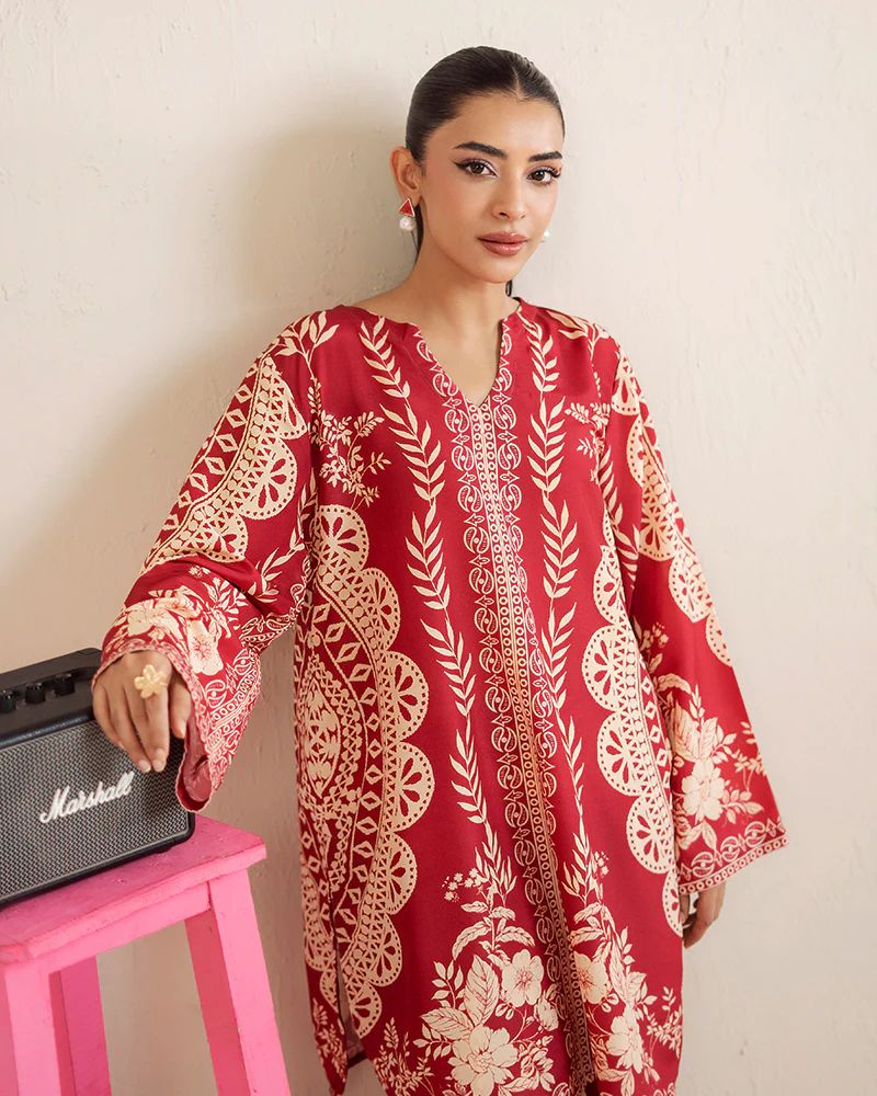 Everyday Luxe by Mona – Red & Beige Silk Lawn 2pc Co-Ord Set | MES5