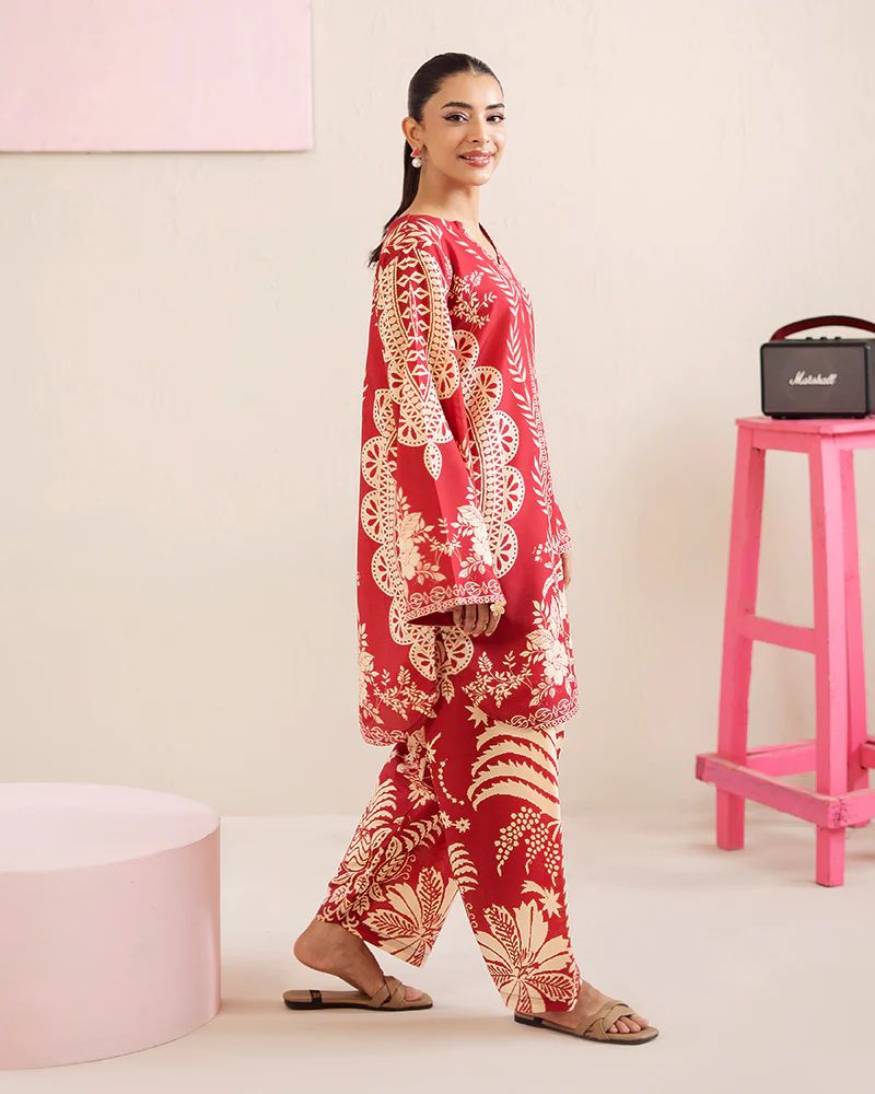 Everyday Luxe by Mona – Red & Beige Silk Lawn 2pc Co-Ord Set | MES5