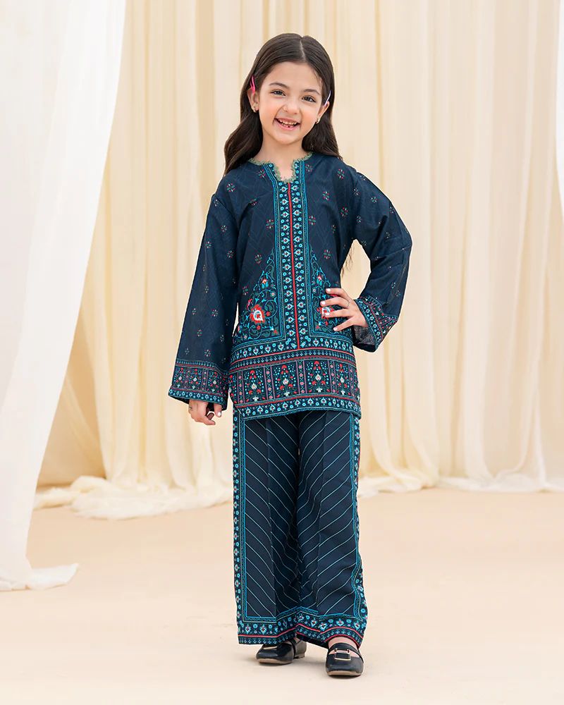 Mona Pretty Prints Girls 2pc Poly Raw Silk Co-ord Set Navy Blue Printed KMES7