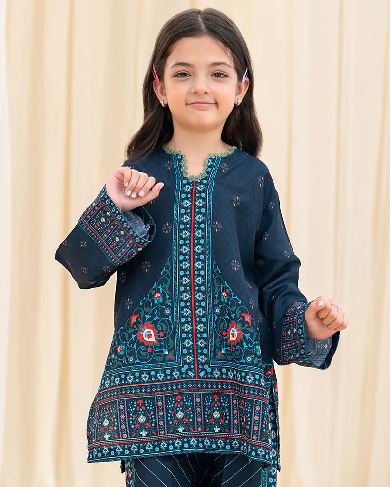 Mona Pretty Prints Girls 2pc Poly Raw Silk Co-ord Set Navy Blue Printed KMES7
