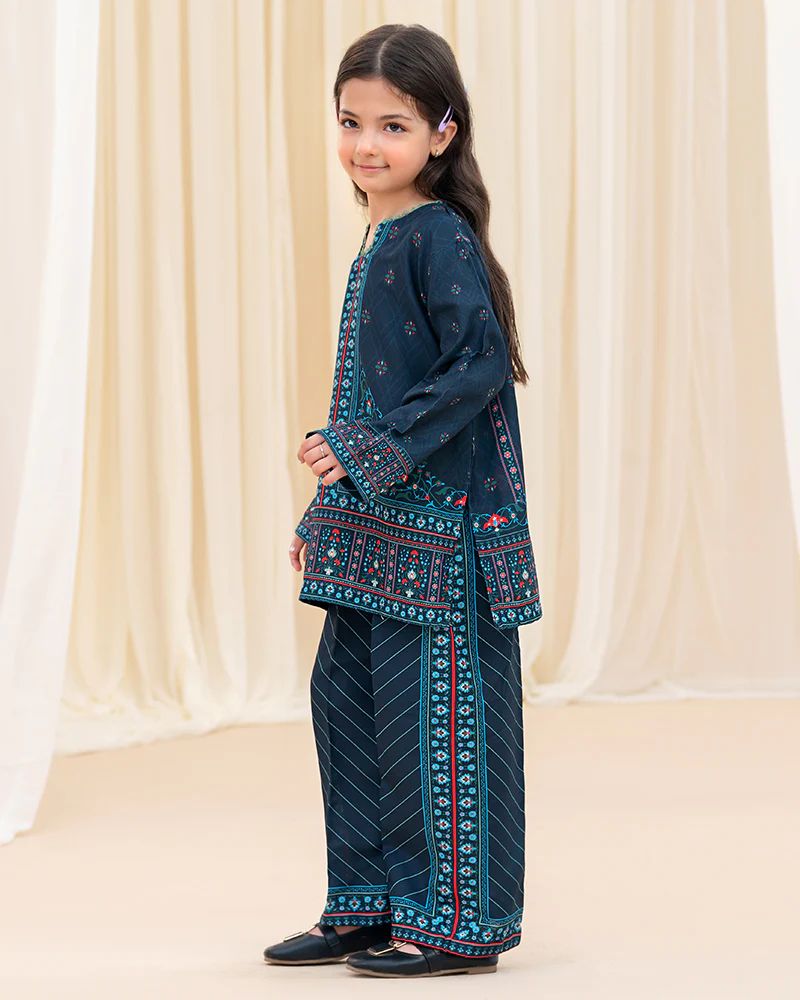 Mona Pretty Prints Girls 2pc Poly Raw Silk Co-ord Set Navy Blue Printed KMES7
