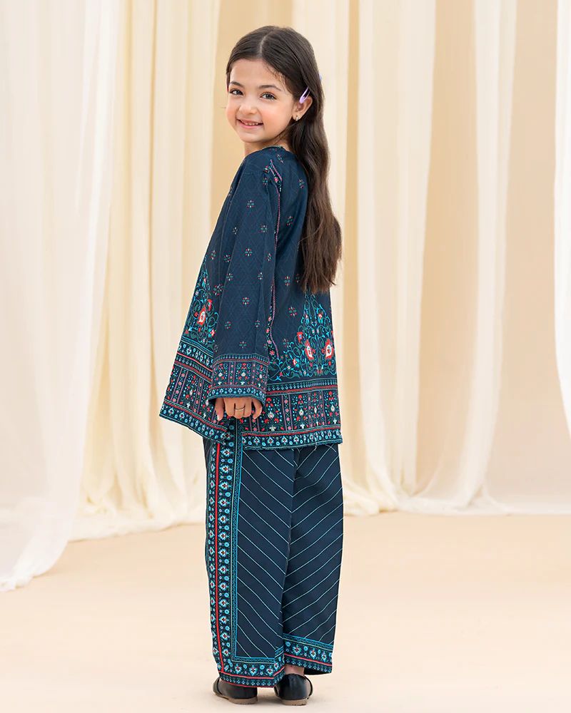 Mona Pretty Prints Girls 2pc Poly Raw Silk Co-ord Set Navy Blue Printed KMES7