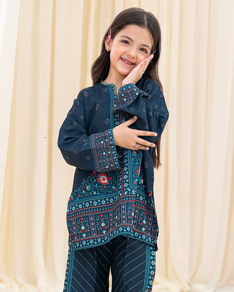 Mona Pretty Prints Girls 2pc Poly Raw Silk Co-ord Set Navy Blue Printed KMES7