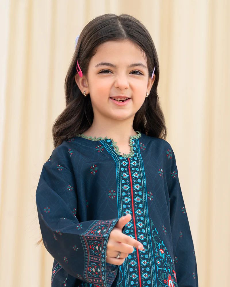 Mona Pretty Prints Girls 2pc Poly Raw Silk Co-ord Set Navy Blue Printed KMES7