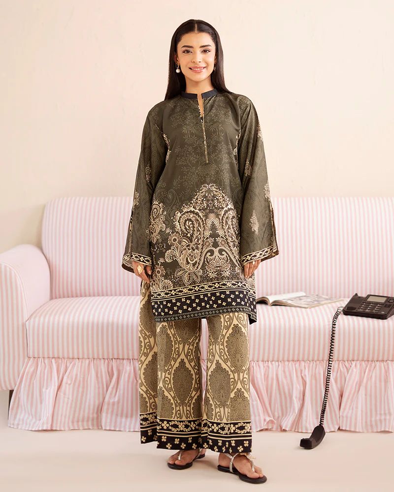 Everyday Luxe by Mona – Olive & Beige Silk Lawn 2pc Co-Ord Set | MES8
