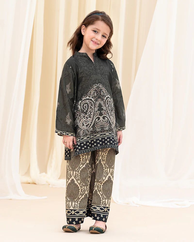 Mona Pretty Prints Girls 2pc Poly Raw Silk Co-ord Set Black & Beige Printed KMES8