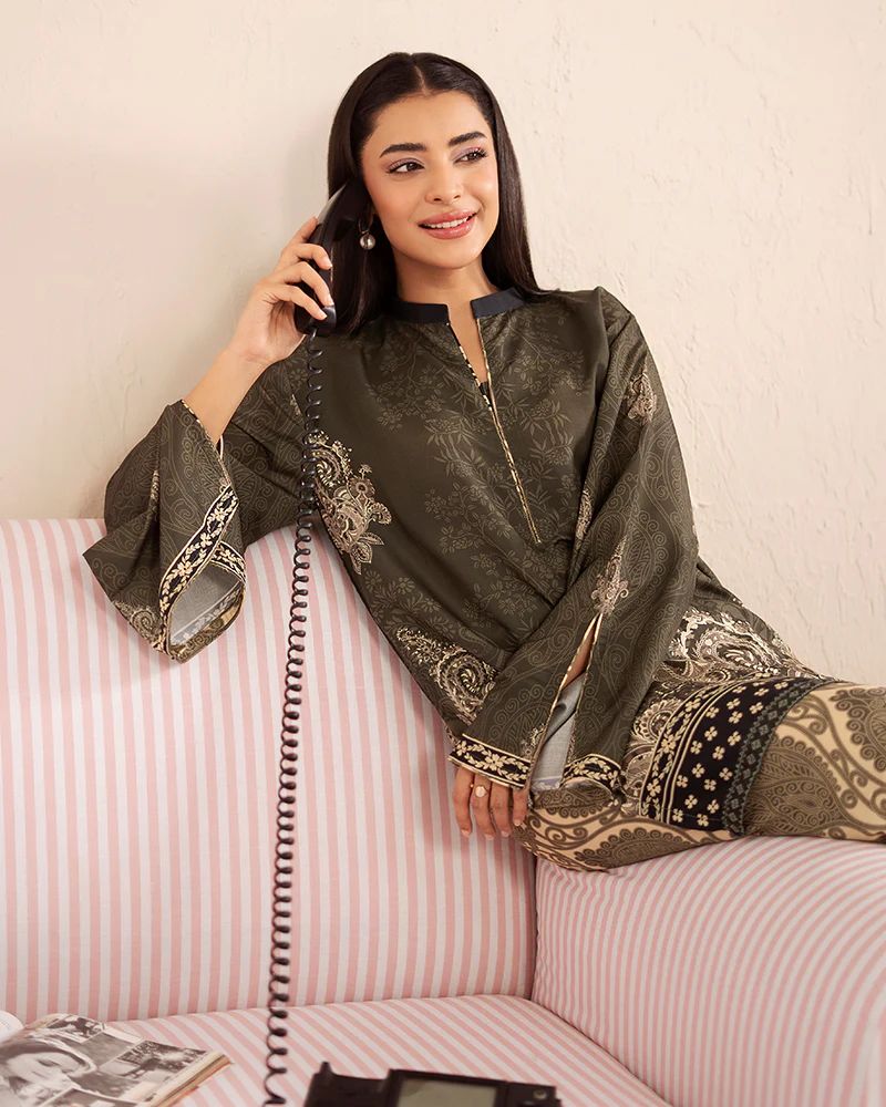 Everyday Luxe by Mona – Olive & Beige Silk Lawn 2pc Co-Ord Set | MES8