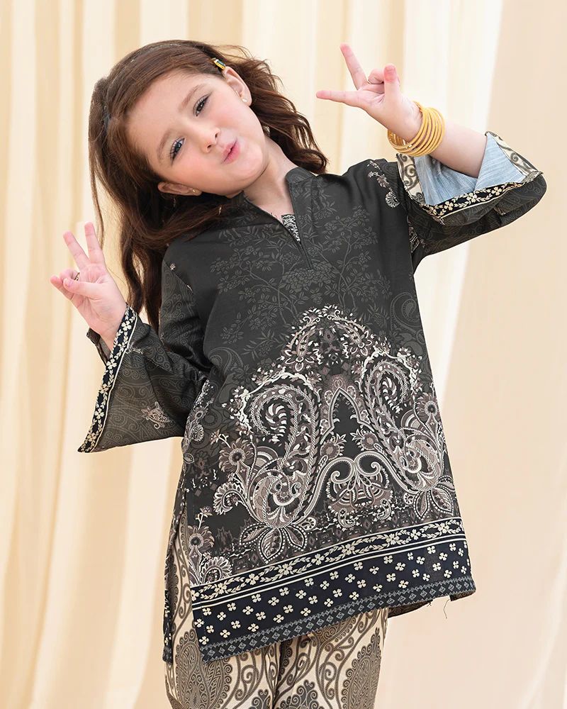 Mona Pretty Prints Girls 2pc Poly Raw Silk Co-ord Set Black & Beige Printed KMES8