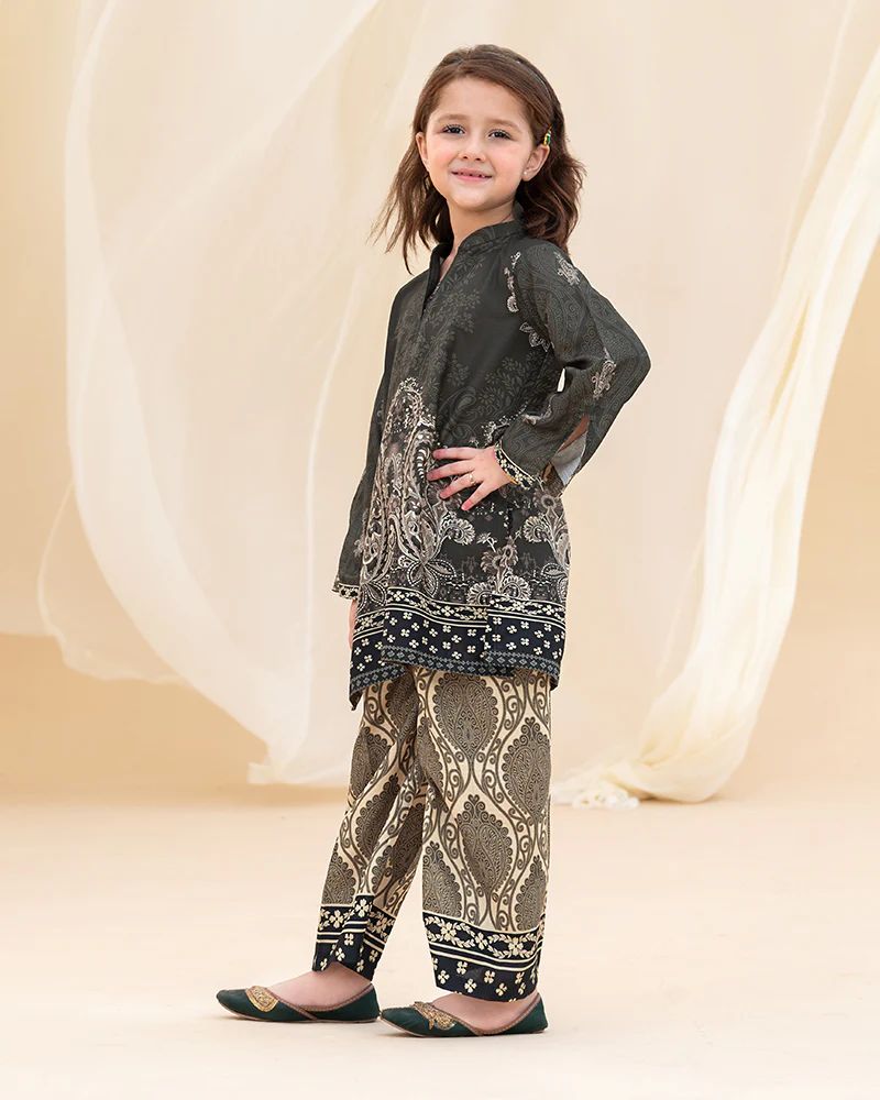 Mona Pretty Prints Girls 2pc Poly Raw Silk Co-ord Set Black & Beige Printed KMES8