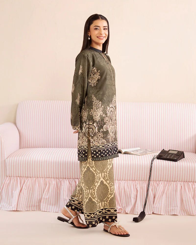 Everyday Luxe by Mona – Olive & Beige Silk Lawn 2pc Co-Ord Set | MES8