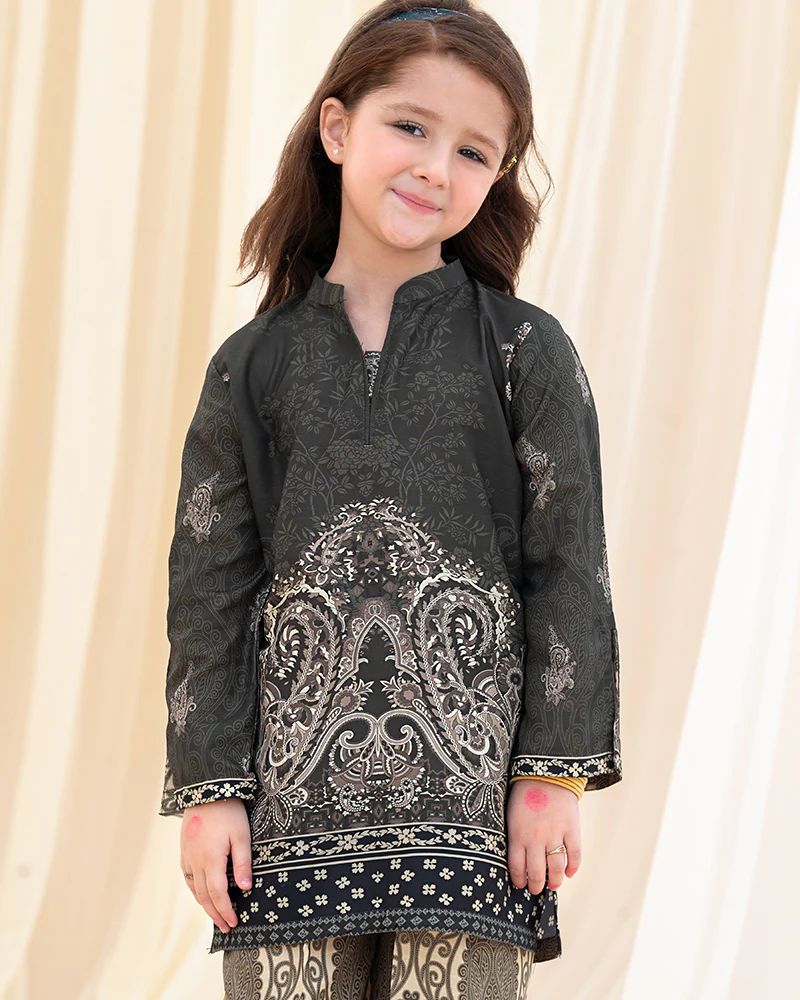 Mona Pretty Prints Girls 2pc Poly Raw Silk Co-ord Set Black & Beige Printed KMES8