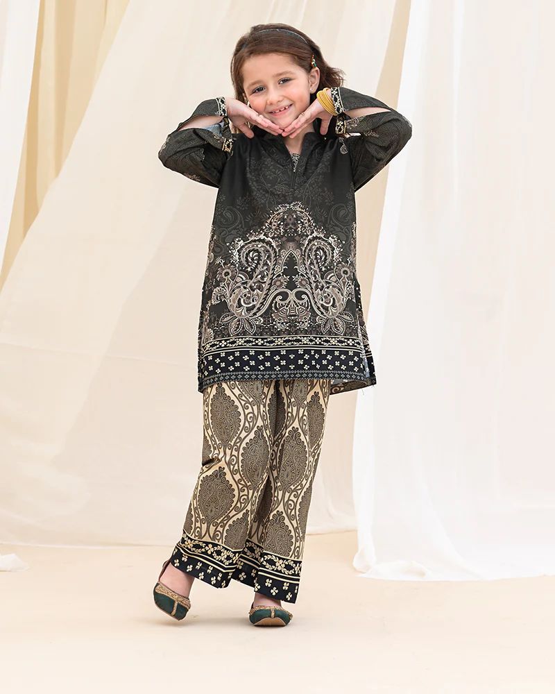 Mona Pretty Prints Girls 2pc Poly Raw Silk Co-ord Set Black & Beige Printed KMES8
