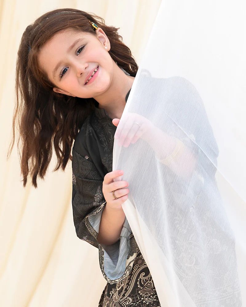 Mona Pretty Prints Girls 2pc Poly Raw Silk Co-ord Set Black & Beige Printed KMES8