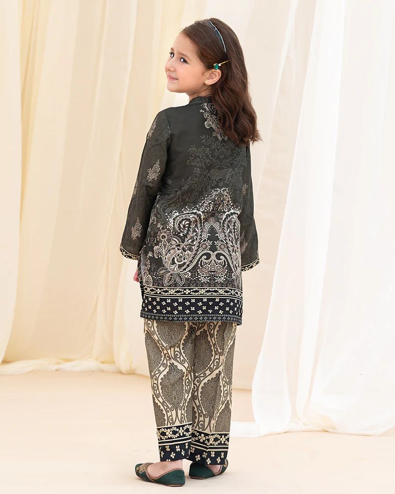 Mona Pretty Prints Girls 2pc Poly Raw Silk Co-ord Set Black & Beige Printed KMES8