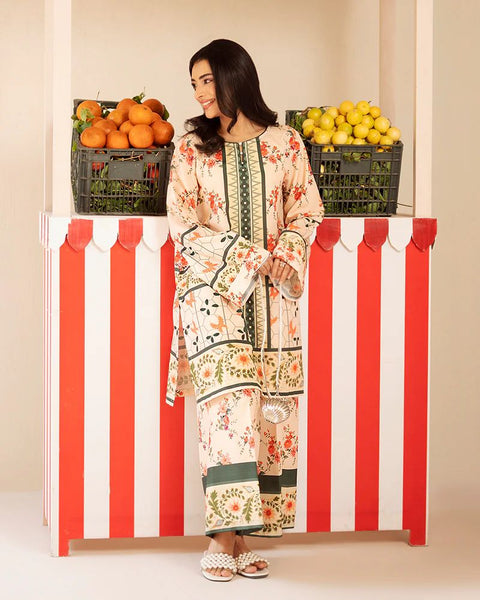 Everyday Luxe by Mona – Cream & Green Floral Silk Lawn 2pc Co-Ord Set | MES9