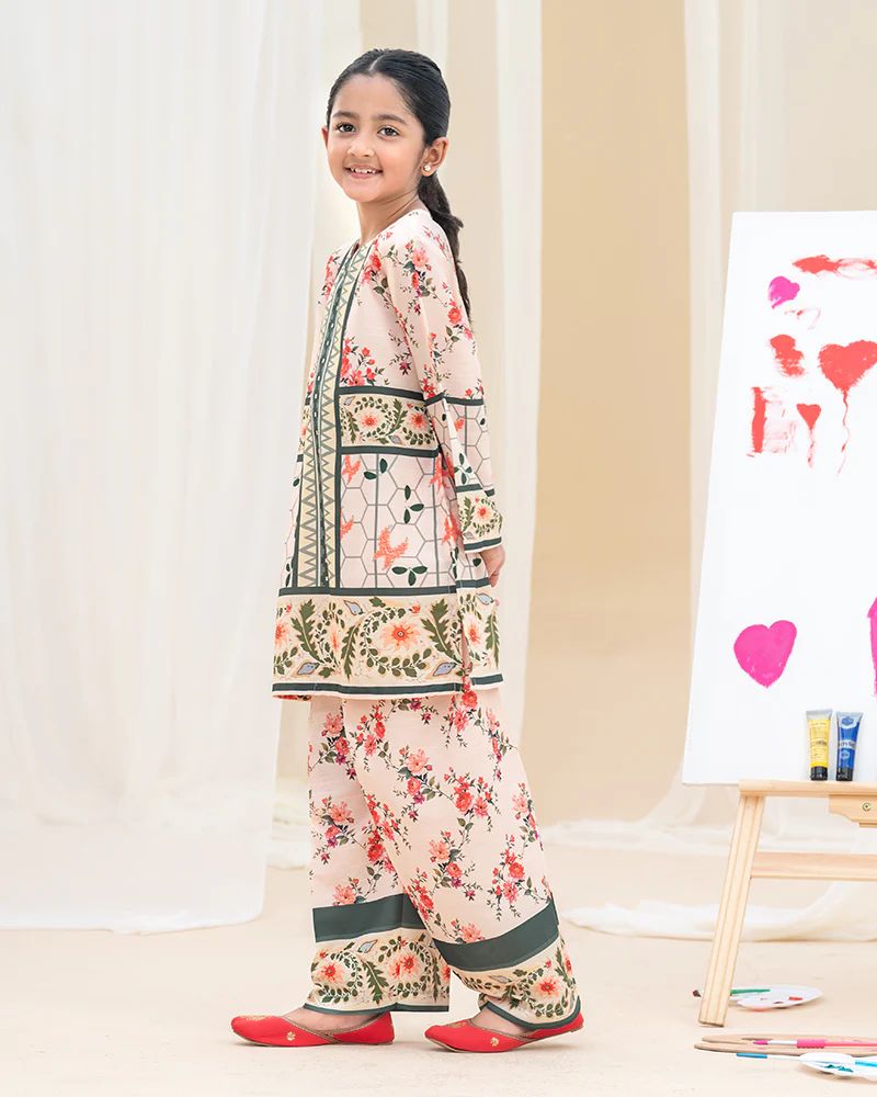 Mona Pretty Prints Girls 2pc Poly Raw Silk Co-ord Set Peach Floral Printed KMES9