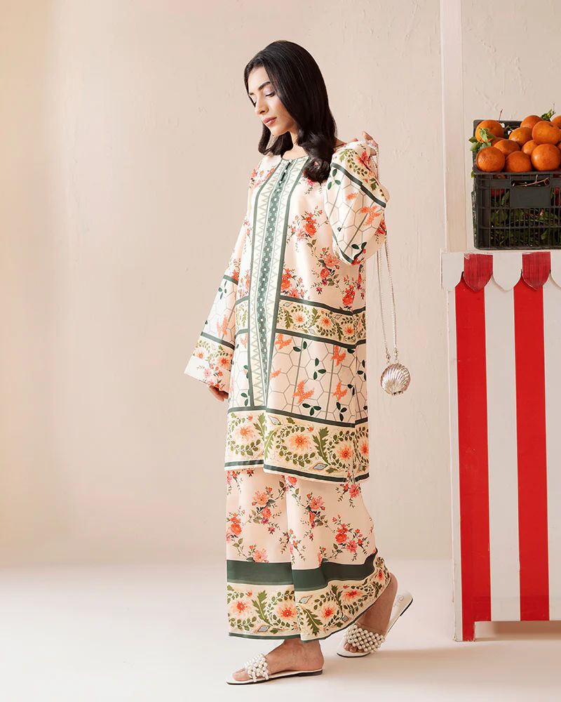 Everyday Luxe by Mona – Cream & Green Floral Silk Lawn 2pc Co-Ord Set | MES9