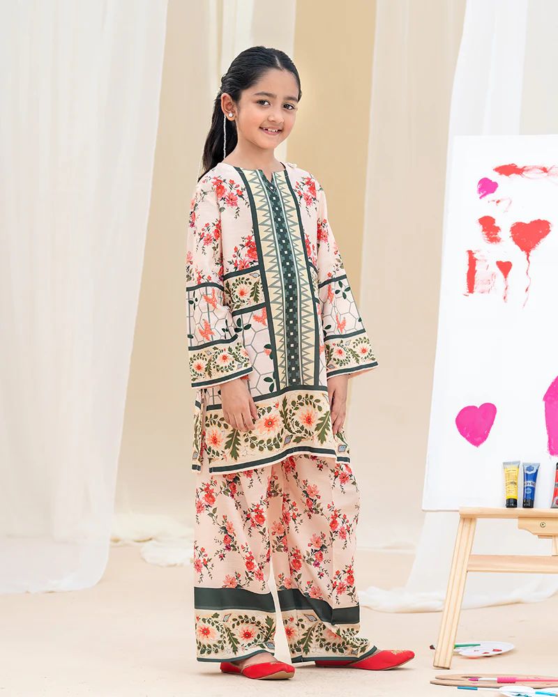 Mona Pretty Prints Girls 2pc Poly Raw Silk Co-ord Set Peach Floral Printed KMES9