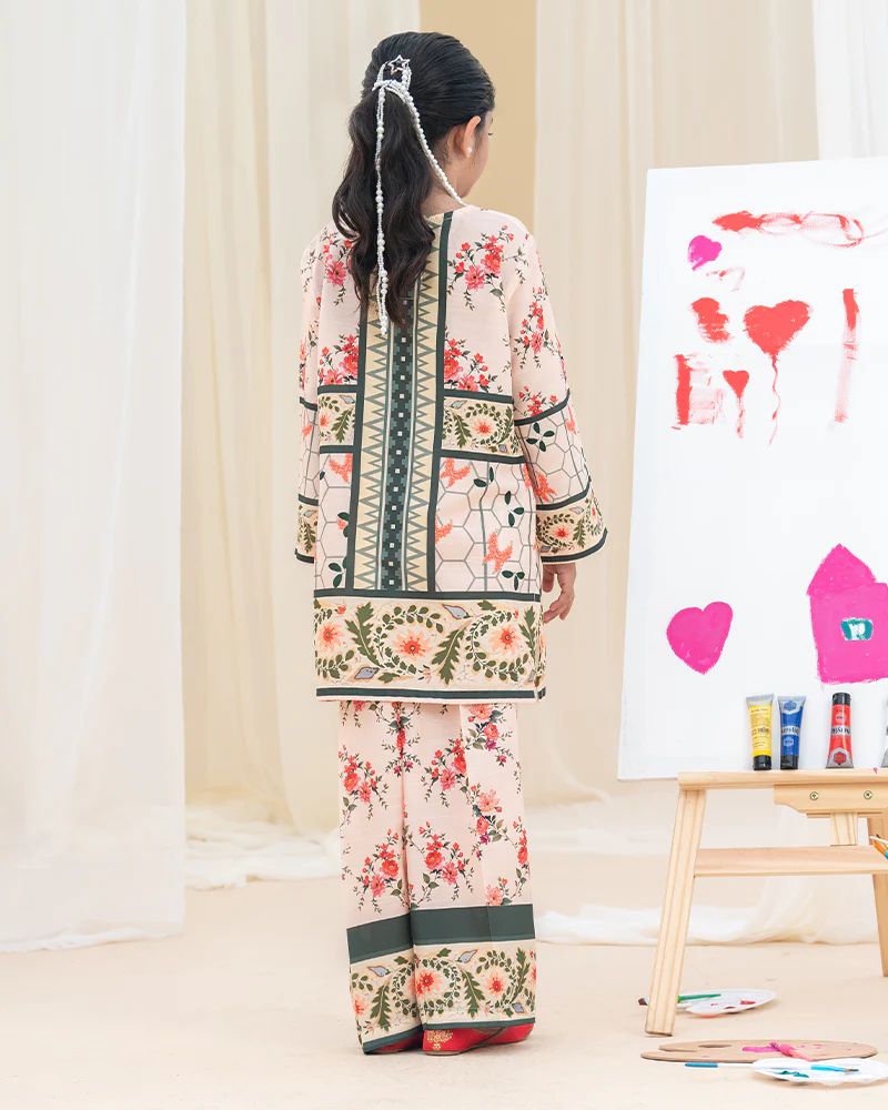 Mona Pretty Prints Girls 2pc Poly Raw Silk Co-ord Set Peach Floral Printed KMES9