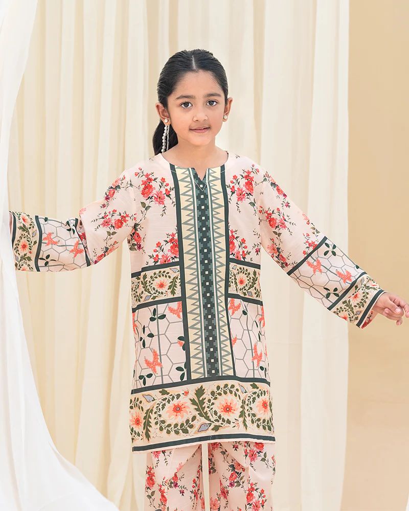 Mona Pretty Prints Girls 2pc Poly Raw Silk Co-ord Set Peach Floral Printed KMES9