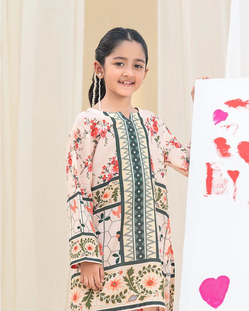 Mona Pretty Prints Girls 2pc Poly Raw Silk Co-ord Set Peach Floral Printed KMES9