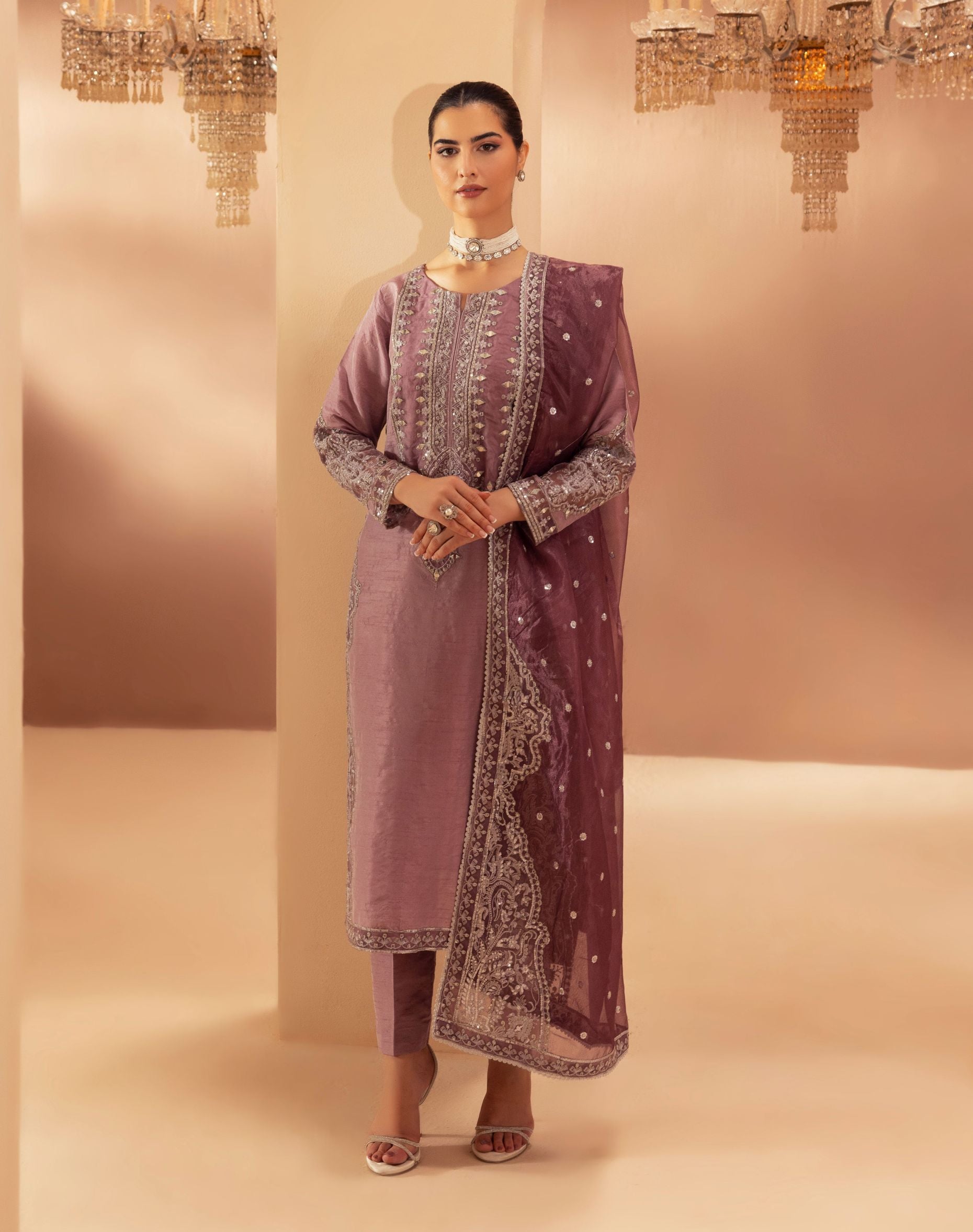 Mohagni 3pc Ready to Wear Pink Raw Silk Embroidered & Mirror Work Suit SLM9