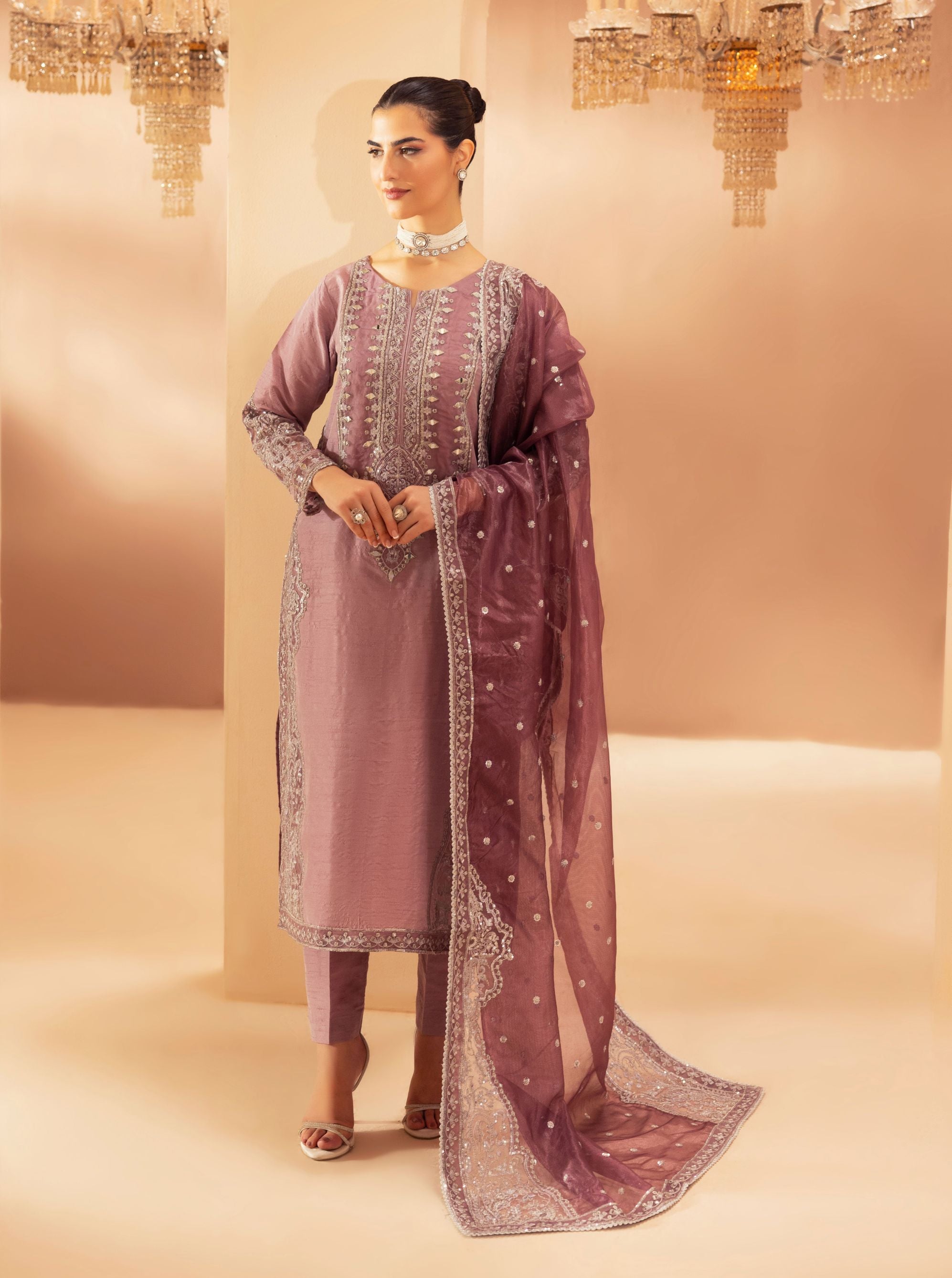 Mohagni 3pc Ready to Wear Pink Raw Silk Embroidered & Mirror Work Suit SLM9