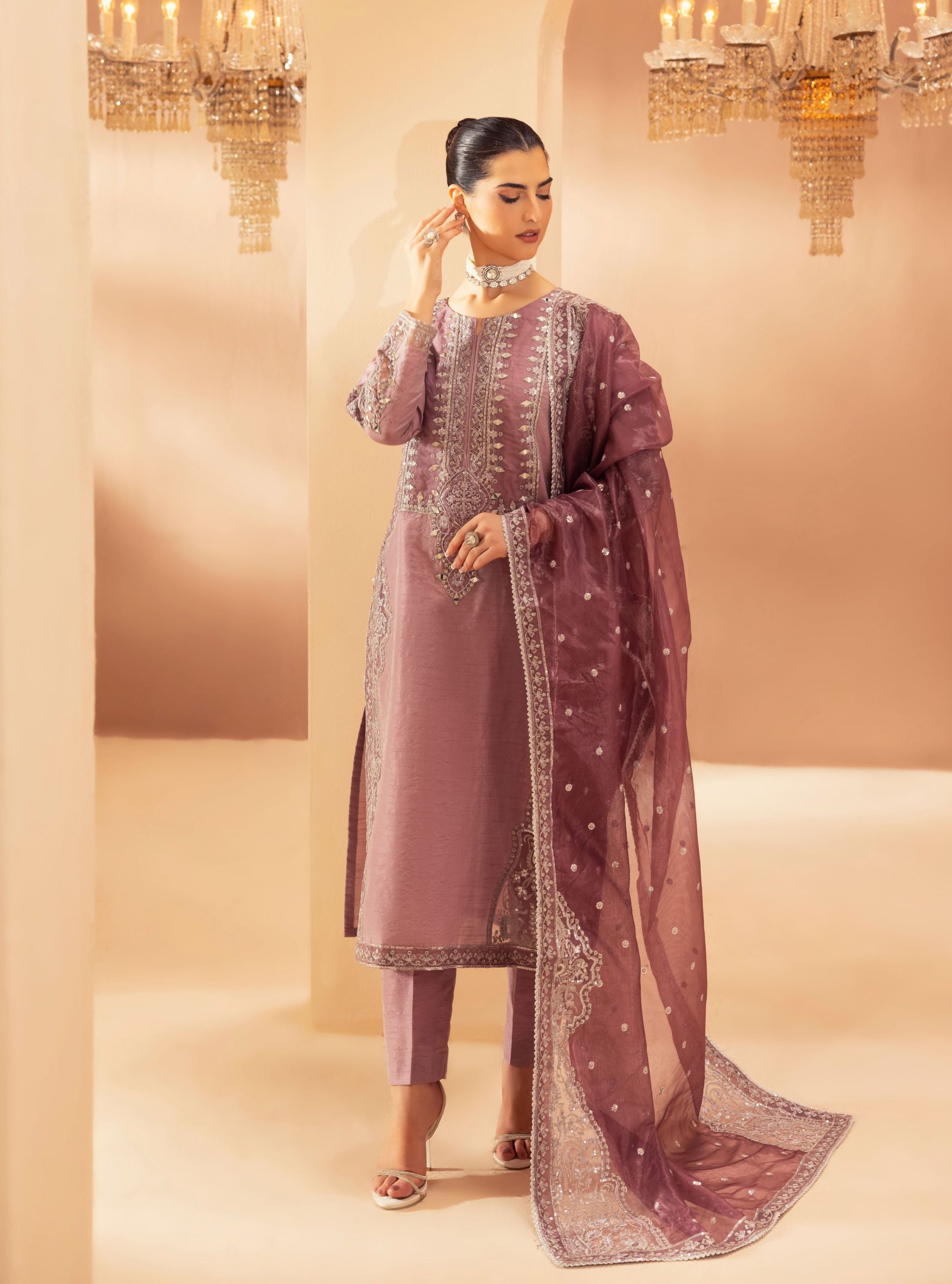 Mohagni 3pc Ready to Wear Pink Raw Silk Embroidered & Mirror Work Suit SLM9