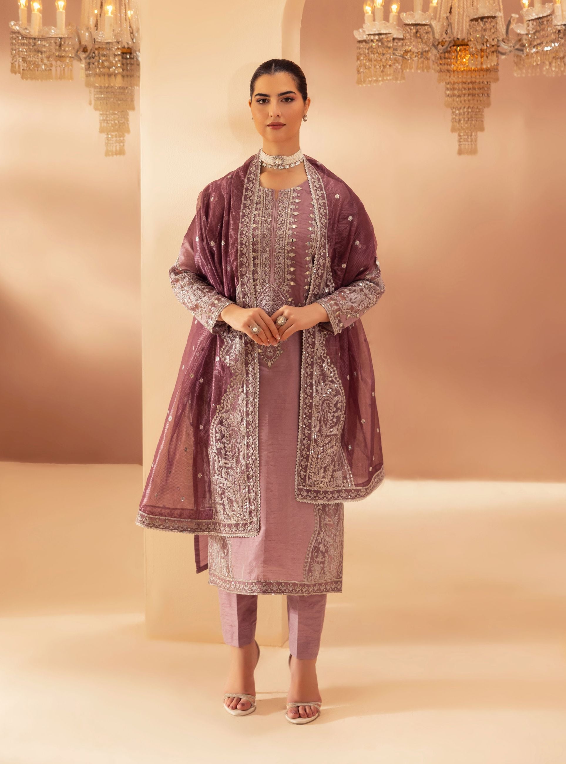 Mohagni 3pc Ready to Wear Pink Raw Silk Embroidered & Mirror Work Suit SLM9