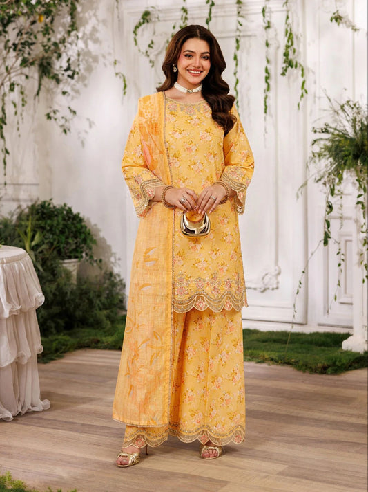 Mohagni MSS11 3pc Printed Cotton Embroidered Palazzo Suit with Zari Dupatta
