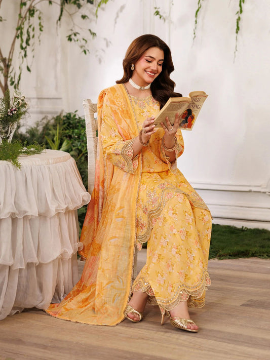 Mohagni MSS11 3pc Printed Cotton Embroidered Palazzo Suit with Zari Dupatta