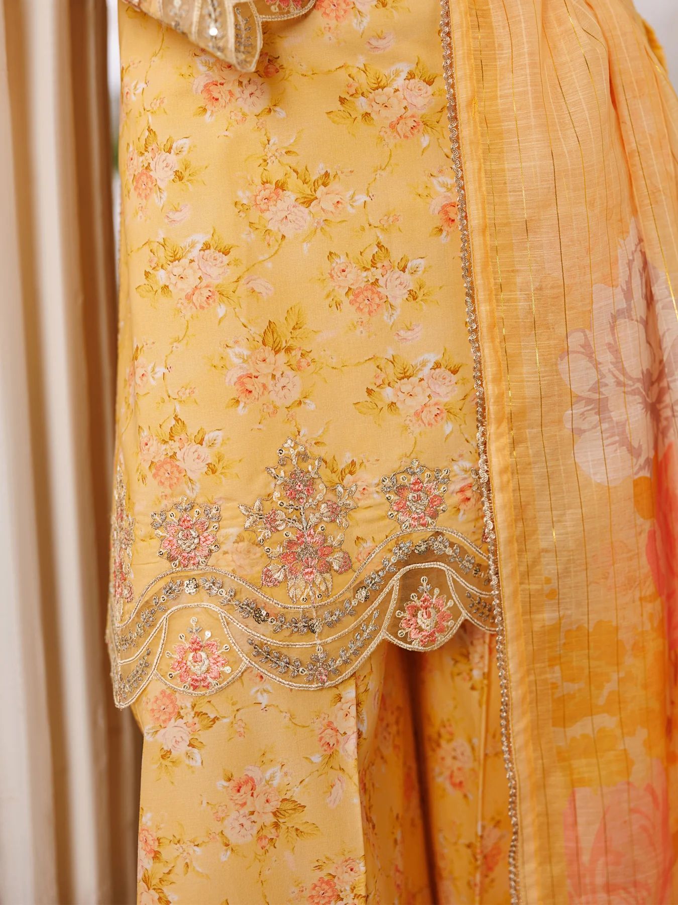 Mohagni MSS11 3pc Printed Cotton Embroidered Palazzo Suit with Zari Dupatta