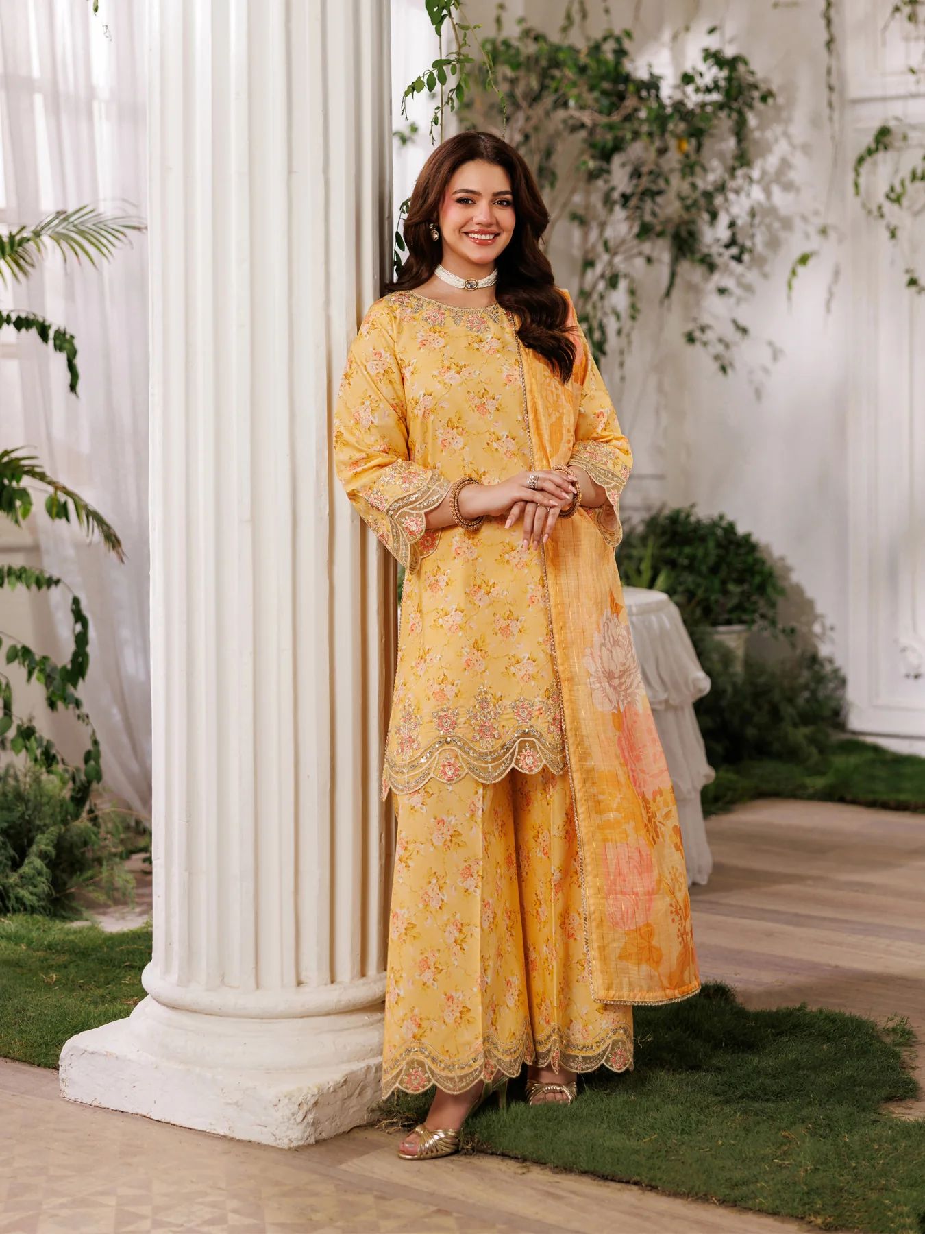 Mohagni MSS11 3pc Printed Cotton Embroidered Palazzo Suit with Zari Dupatta