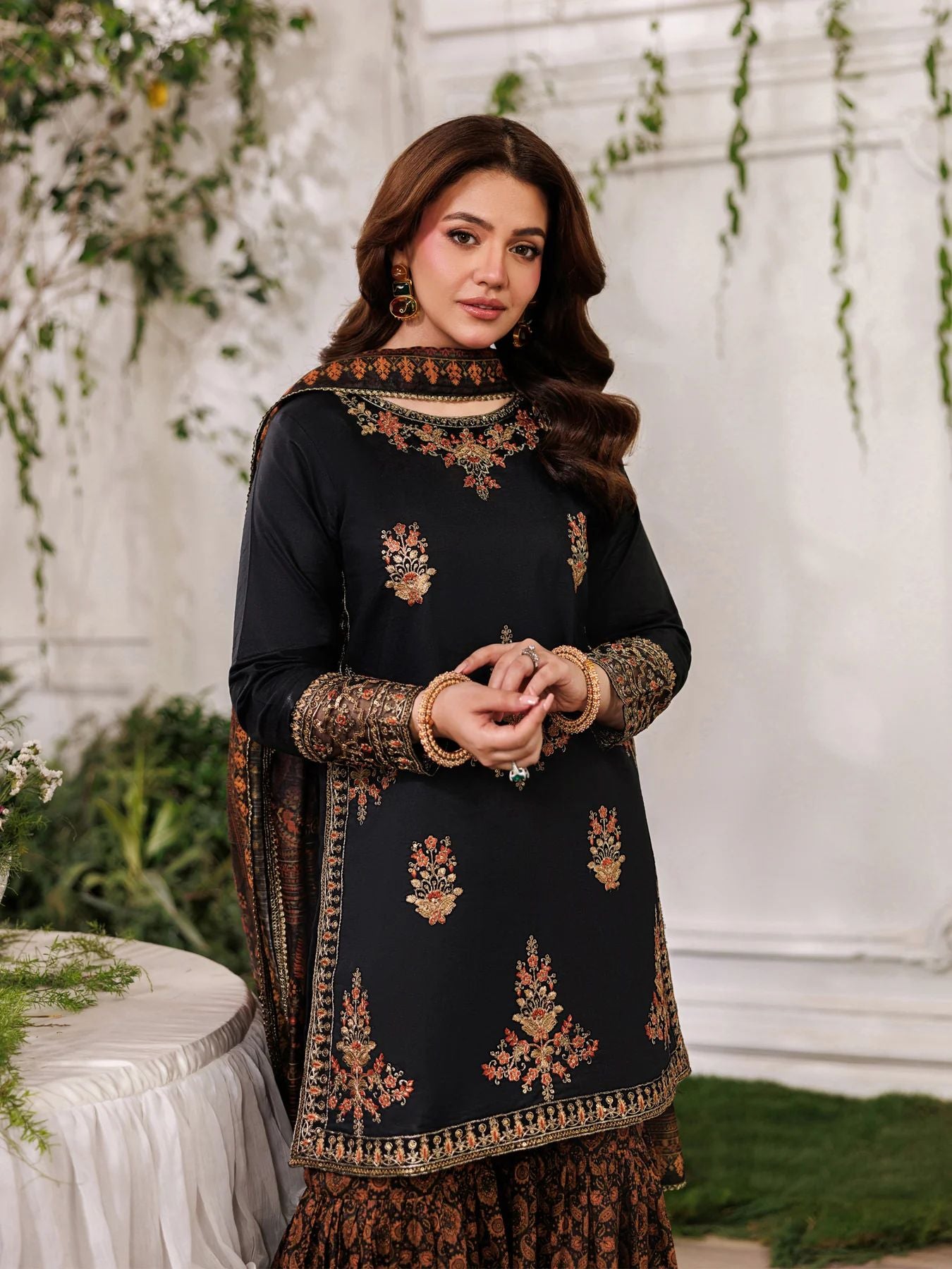 Mohagni MSS12 3pc Embroidered Cotton Gharara Suit with Printed Monar Dupatta
